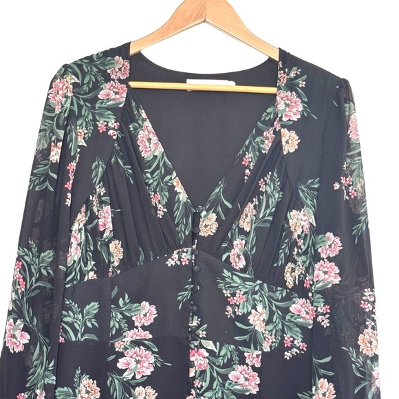 ASTR the Label Floral Maxi Dress Womens XL Pleated Boho Long Sleeve Black Pink - Picture 3 of 15